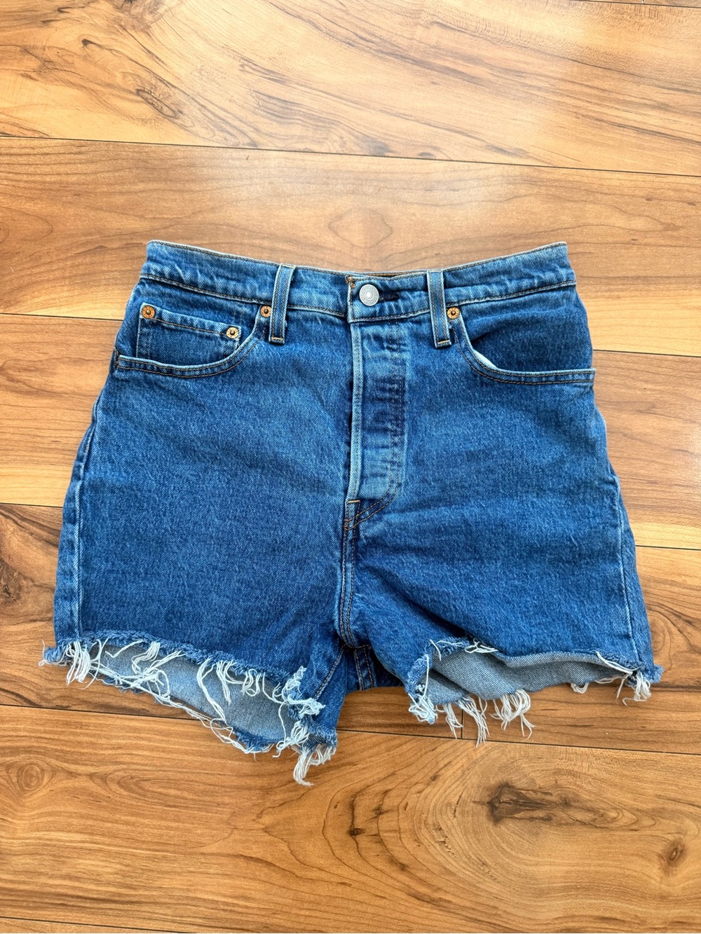 Levis High-Waist Dark Blue Frayed Denim Shorts